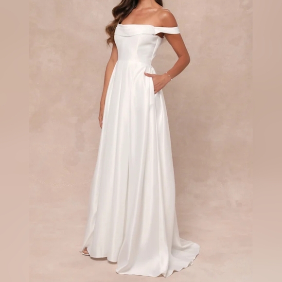 Lulus Extraordinary Vow White Off-the-Shoulder Maxi Dress with Pockets, Small - Picture 1 of 14